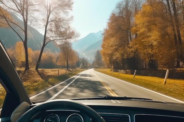 The car is driving along a beautiful autumn road the view from behind the car AI