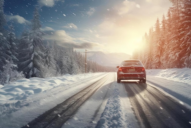 크리스마스펑크 스타일로 태양이 빛나고 있는 동안 차는 눈 덮인 길을 따라 운전하고 있다