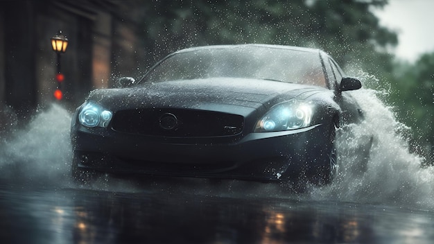 A car is driving down a street flooded with water and splashes fly in all directions AI generation