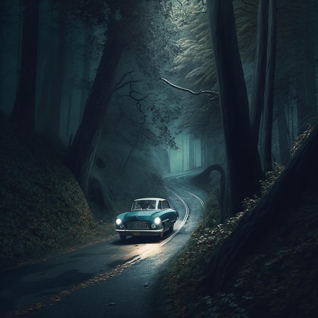 A car is driving down a winding road in the woods.