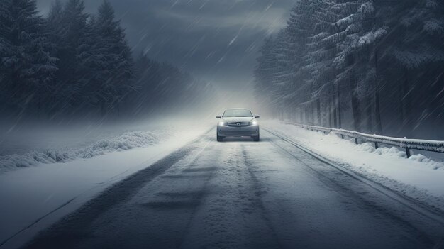 The car is driving forest during a strong snowstorm created with Generative Al technology