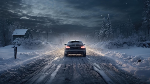 The car is driving forest during a strong snowstorm created with Generative Al technology