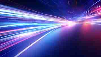 Photo a car is driving on a highway with the lights onfuturistic abstract background with blue lines and