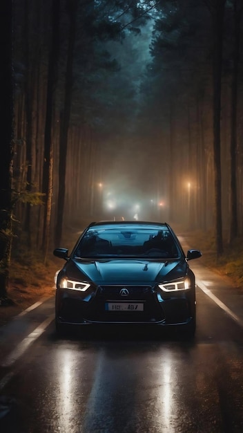 The car is driving on the road at night in the forest