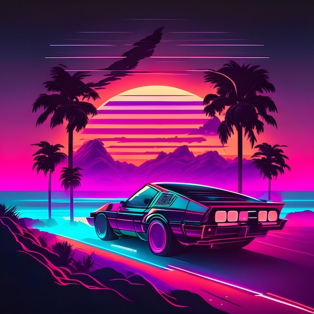 car is driving in the sunset vaporwave illustration