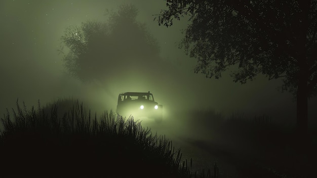 Foto l'auto sta guidando attraverso una foresta buia e nebbiosa l'unica luce viene dai fari delle auto che stanno tagliando attraverso l'oscurità