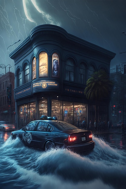 Photo car is driving through a flooded street generative ai