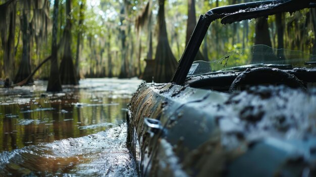 Foto un'auto sta guidando attraverso una palude con del fango su di essa