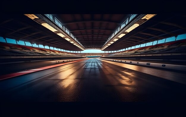 A car is driving on a track in a stadium.