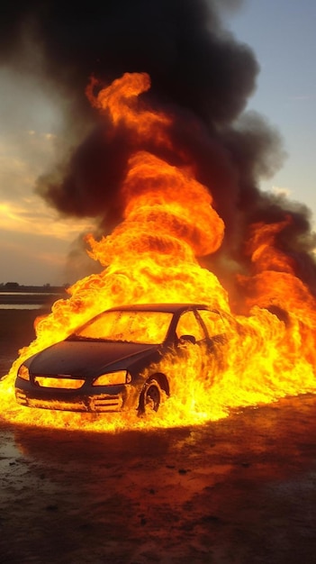 Foto un'auto è in fiamme sulla spiaggia