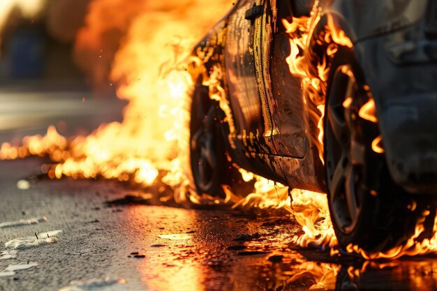 Foto un'auto è in fiamme e il fuoco si riflette nell'acqua.