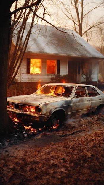 Photo a car is on fire in front of a house