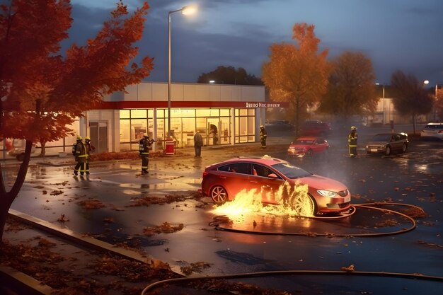 A car is on fire in a parking lot at autumn day neural network generated image