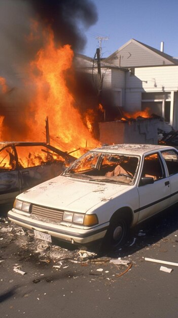 Photo a car is on fire in a parking lot