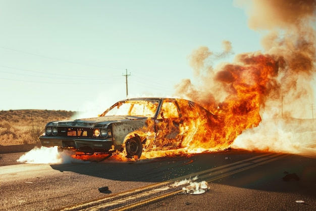 Foto un'auto è in fiamme su una strada.