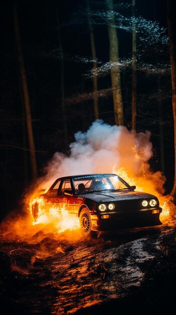 a car is on fire in the woods