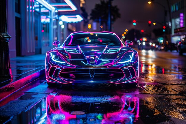 Photo the car is painted in neon and the lights are on