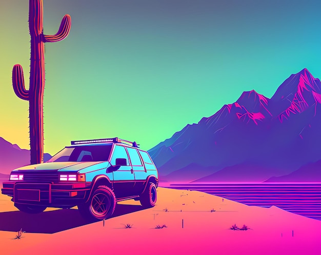 A car is parked in the desert with a cactus and a sunset in the background with a blue sky AI