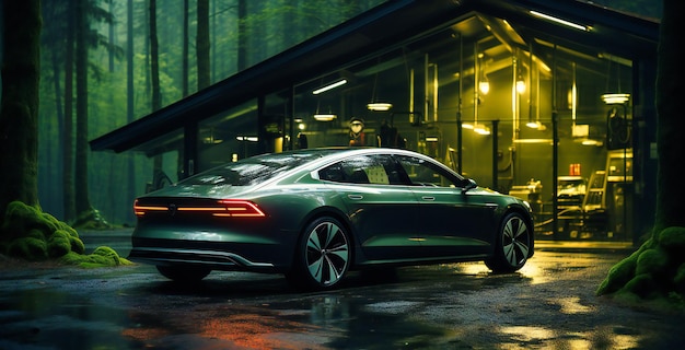 a car is parked in a forest with a charging station