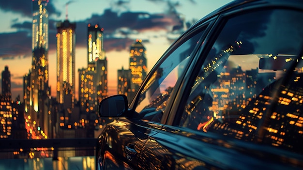 Photo a car is parked in front of a city skyline
