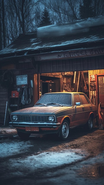 A car is parked in front of a garage with the number 1 on the front.