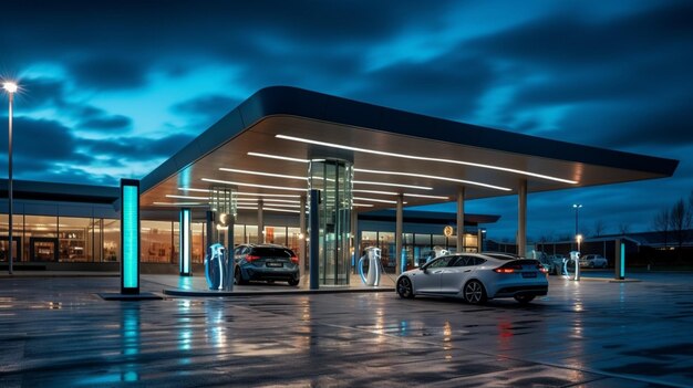 a car is parked in front of a gas station.