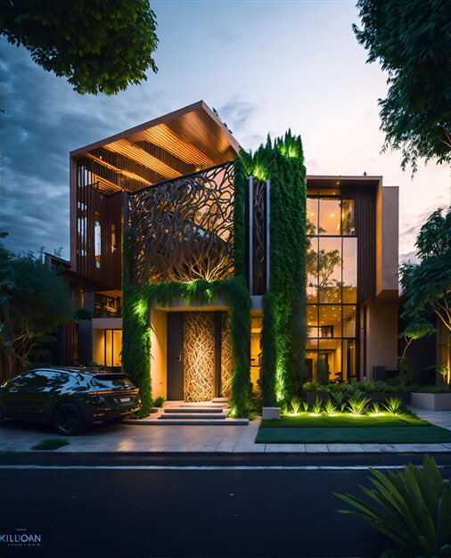 A car is parked in front of a modern house