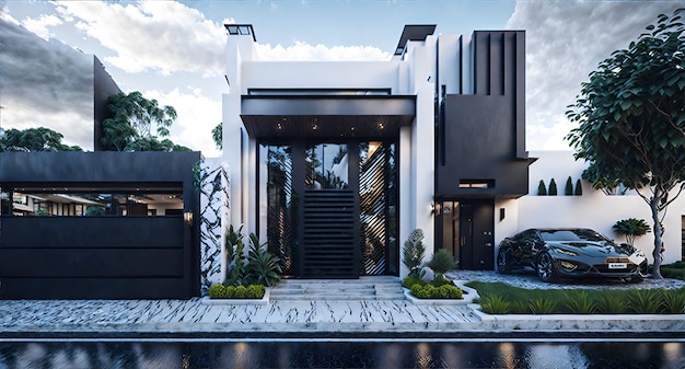 A car is parked in front of a modern house