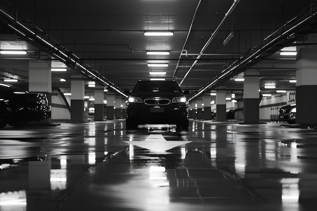 A car is parked in a parking garage with lights on the ceiling and a reflection of the car in the