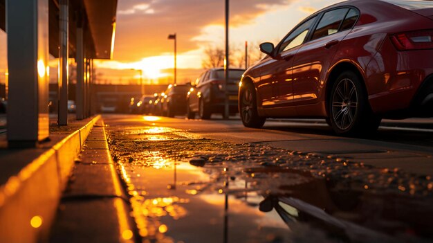 The car is parked on the side of the road at sunset The concept of transport AI generated