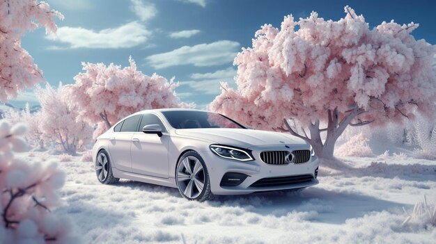 Car is parked in the snow and snow covered landscape