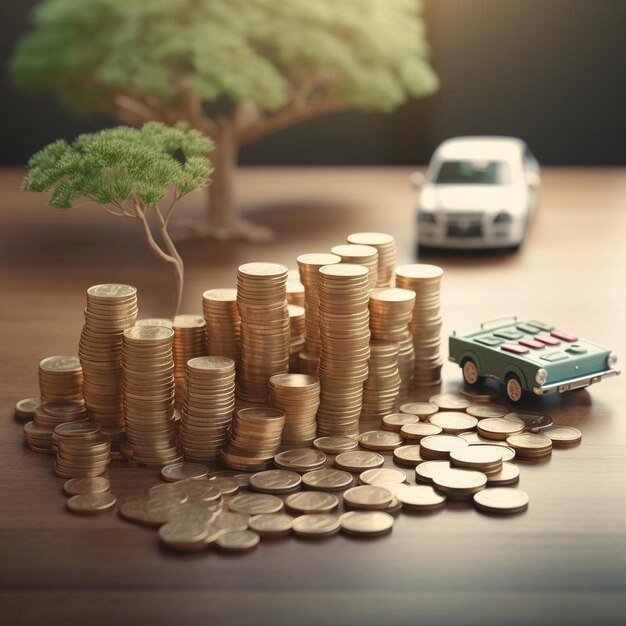 Photo a car is on a pile of gold coins and a car is on a table with a tree growing out of it