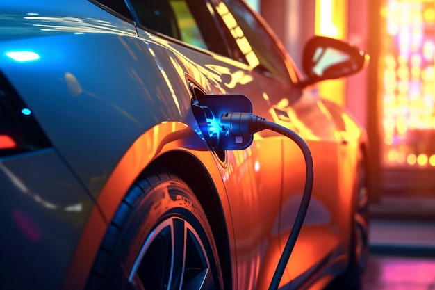A car is plugged into a charging station with a blue light.