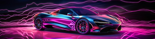 A car is shown in a neon color scheme