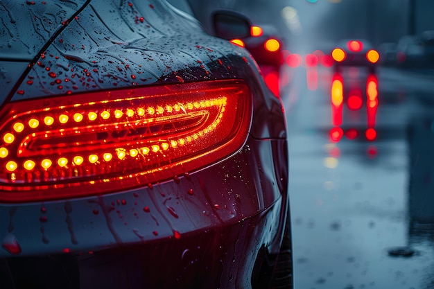 赤いライトが照らす夜の雨の中車の尾灯が点灯しています