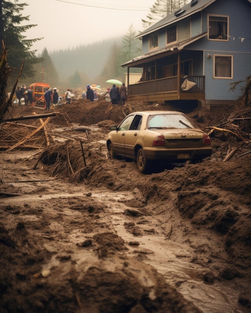 a car is stuck in a muddy road in front of a house.