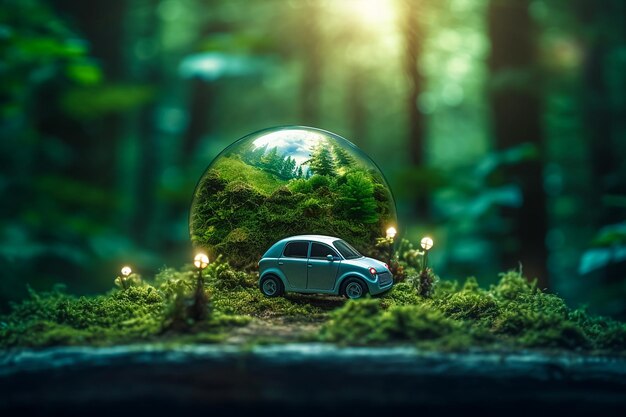 A car is surrounded by a glass globe with a forest in the background