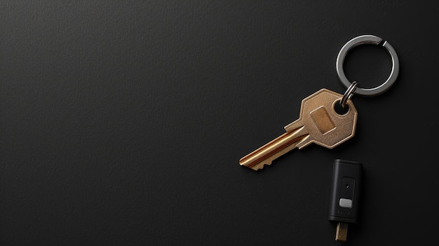 A car key fob next to a brass house key on a sleek black background