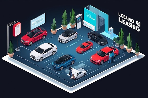 Photo car leasing isometric illustration vehicle rental and purchase automobile lease infographic