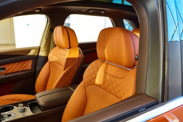 Photo car leather headrest. interior detail. shallow dof.