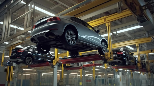 A car on a lift in a warehouse