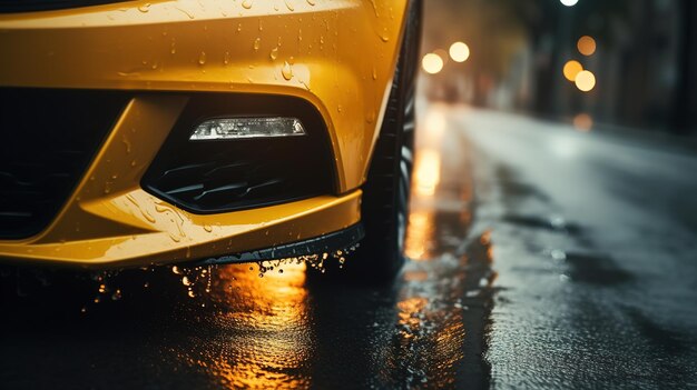 Car luminous fog lamp closeup autumn wet road in the weather rain and fog leaf fall in yellow tones