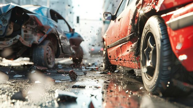 雨 の 中 で 横 に 横たわっ て いる 車