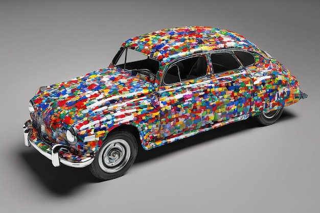 A car made by legos has been painted on the side