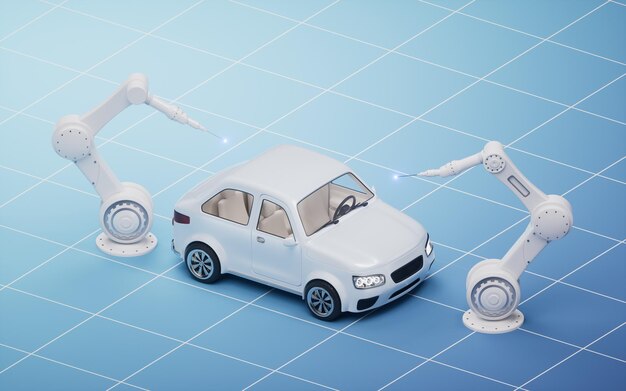 自動車製造と機械腕の3Dレンダリング