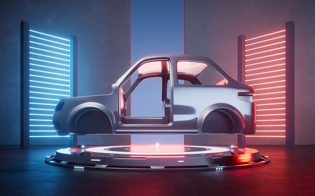 自動車製造とネオンステージ 3D レンダリング