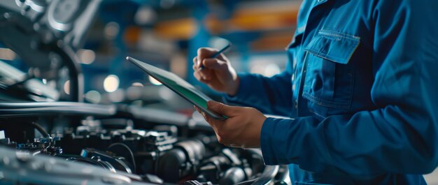 Car mechanic in a blue uniform using a digital tablet to check a car engine under the hood