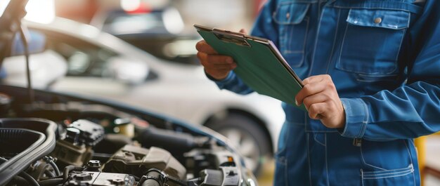 Photo car mechanic in a blue uniform using a digital tablet to check a car engine under the hood