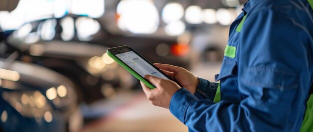 Photo car mechanic in a blue uniform using a digital tablet to check a car engine under the hood