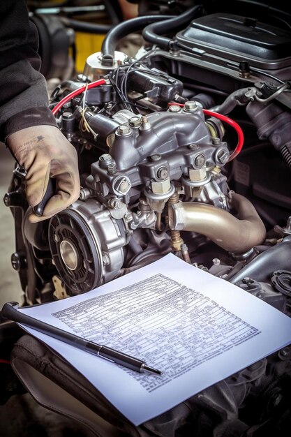 Foto meccanico d'auto che controlla un motore d'auto e scrive su un blocco